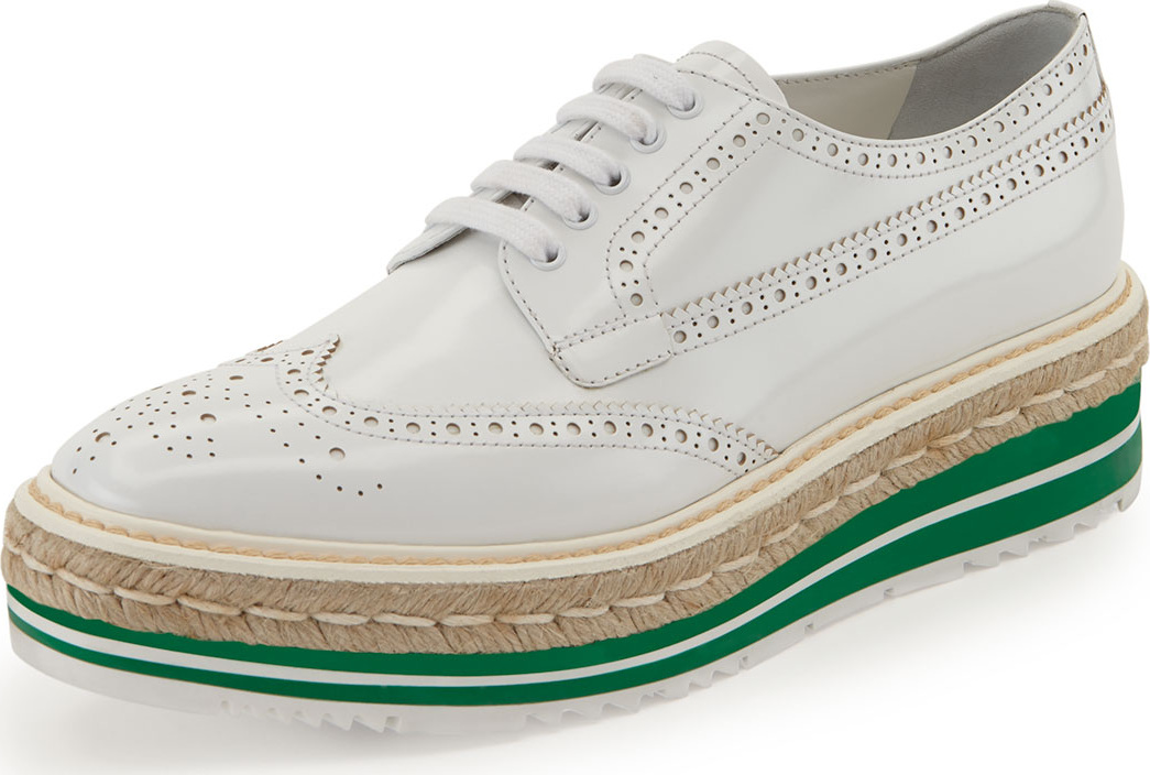 Prada Platform Brogue-Trim Leather Oxford, White (Bianco)