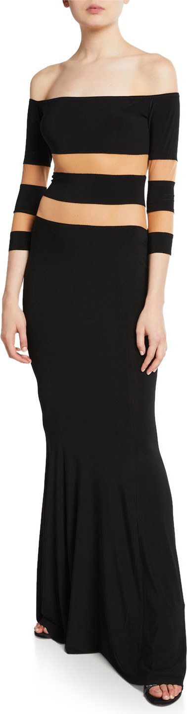 Norma Kamali Spliced Off-the-Shoulder 3/4-Sleeve Fishtail Evening Gown