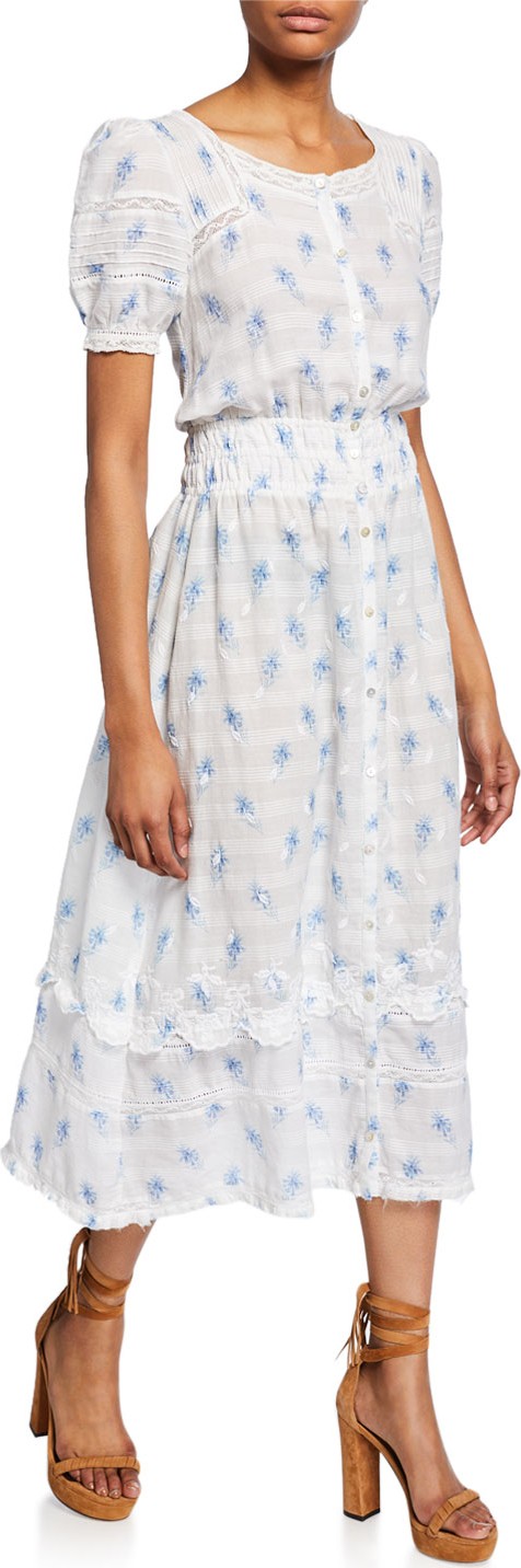 LOVESHACKFANCY Sandy Embroidered Button-Front Midi Dress
