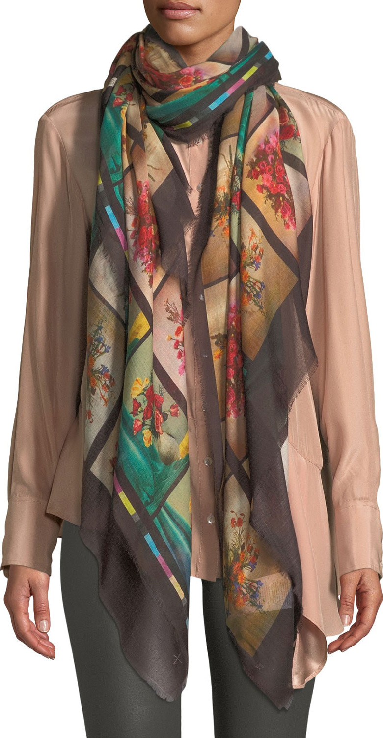 Stella McCartney Floral Graphic Fringe Silk Scarf