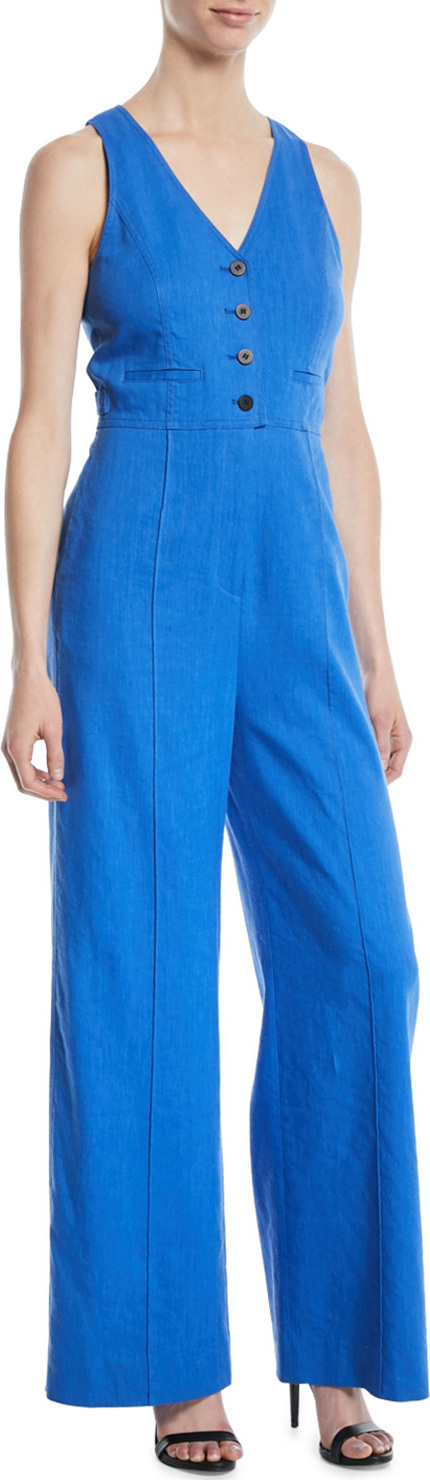 DIANE von FURSTENBERG Fitted Button-Front Linen-Stretch Jumpsuit