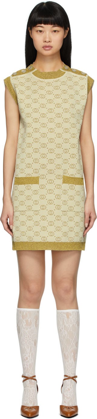 Gucci Gold & Beige Wool GG Short Dress