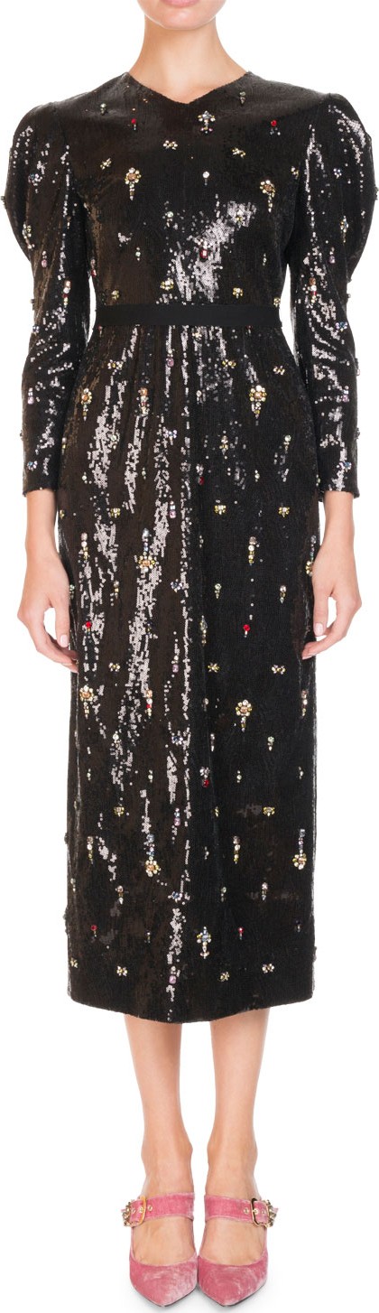 Erdem Emmy Ditsy-Stone Embellished Puff-Sleeve Midi Dress