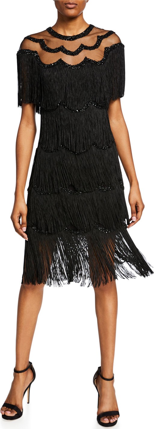 NK32 Naeem Khan Beaded Fringe Dress w/ Sheer Yoke