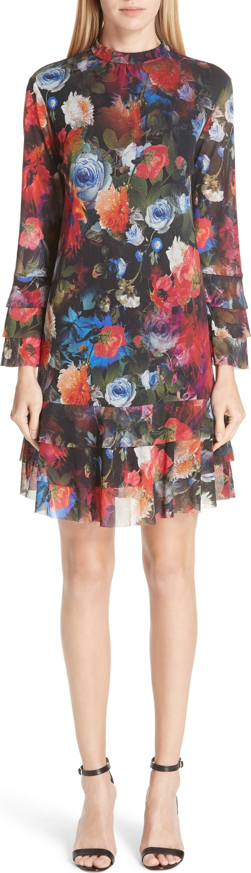 Fuzzi Mock Neck Floral Tulle Dress