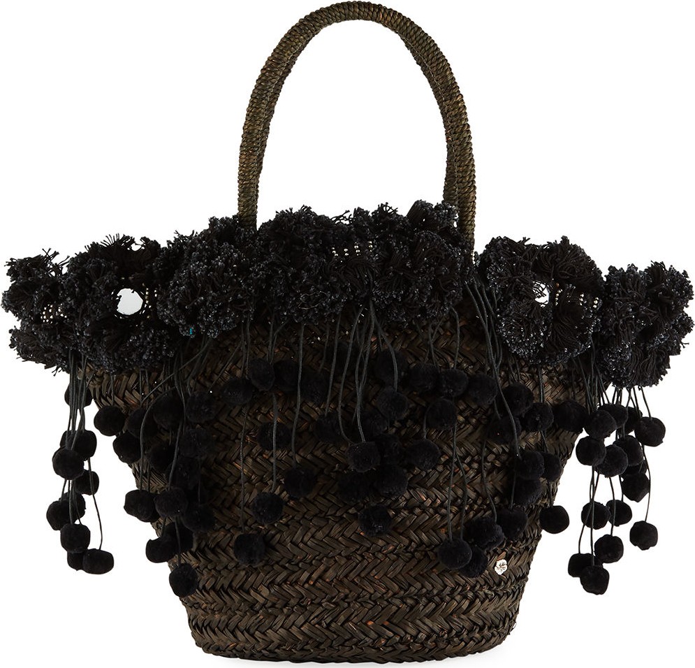 Flora Bella Kailua Straw Beach Tote Bag with Fringe & Pompom Trim