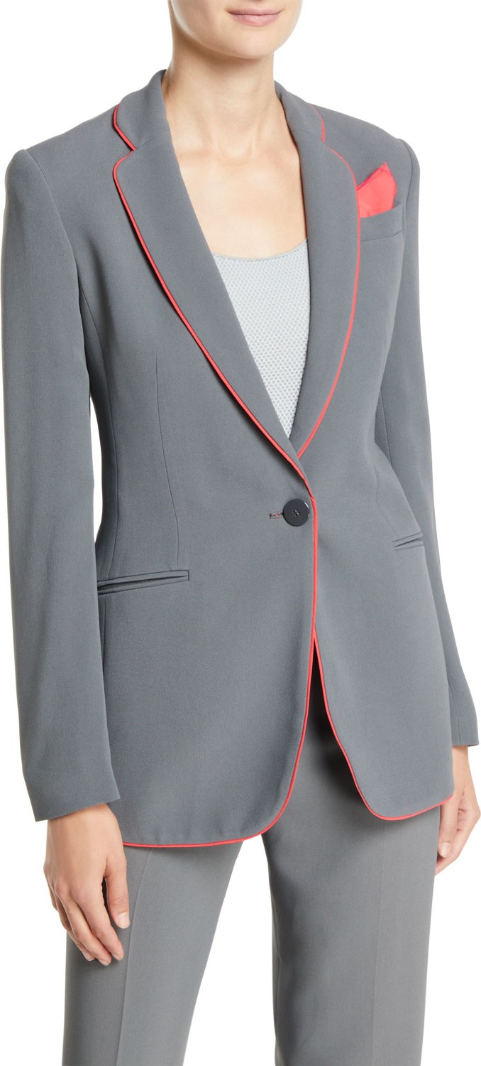 Emporio Armani One-Button Silky Cady Jacket w/ Piping Trim