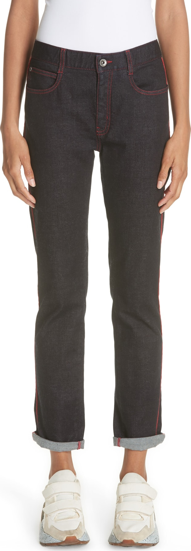 Stella McCartney Red Piping Raw Denim Skinny Boyfriend Jeans