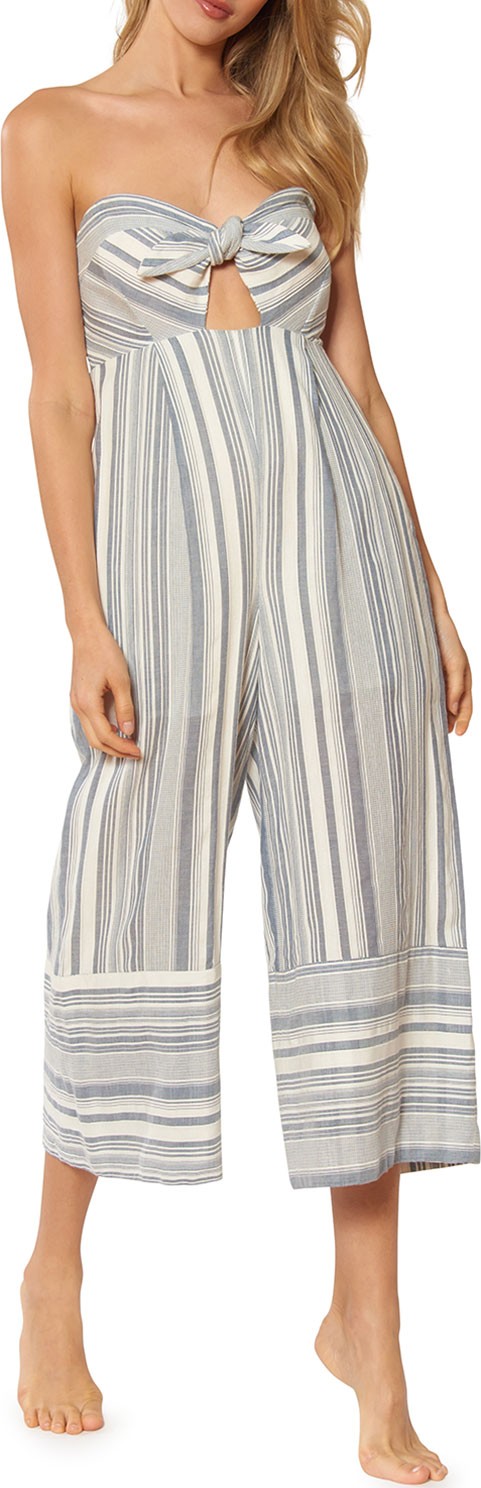 Red Carter Kimberly Sweetheart Wide-Leg Striped Cotton Jumpsuit w/ Adjustable Straps