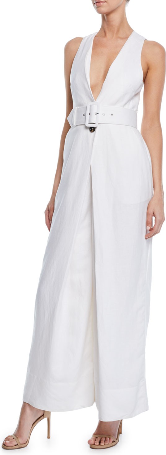 Shona Joy Gaia Sleeveless Plunge-Neck Wide-Leg Jumpsuit w/ Belt