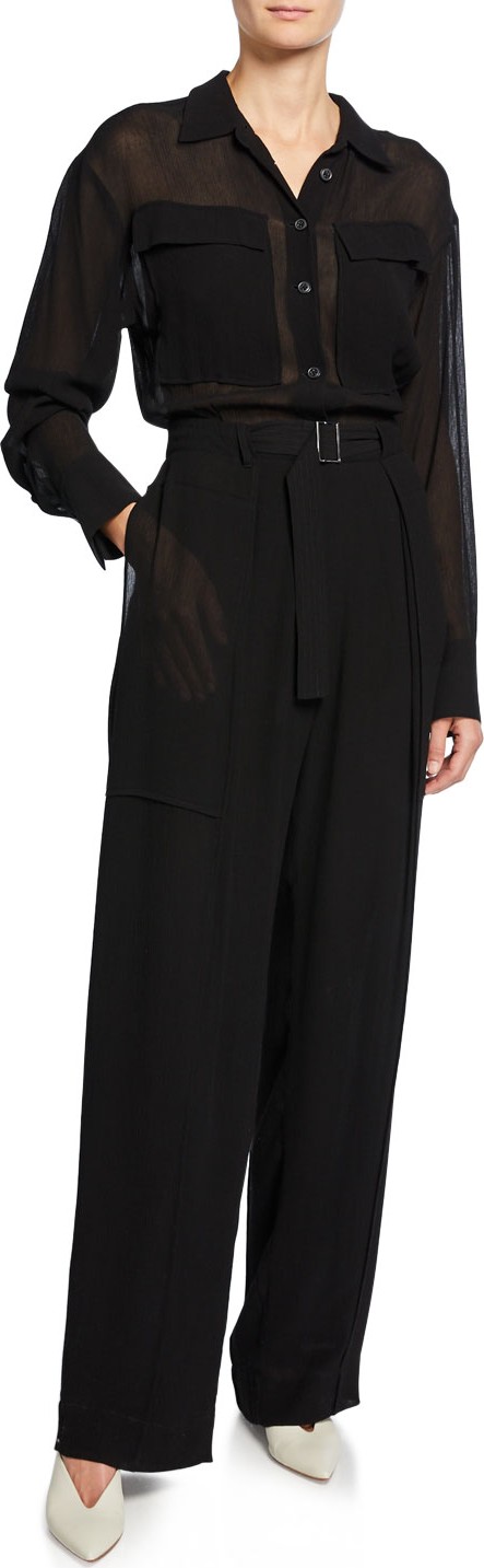 Jason Wu Long-Sleeve Semi-Sheer Button-Front Belted Crinkle Jumpsuit
