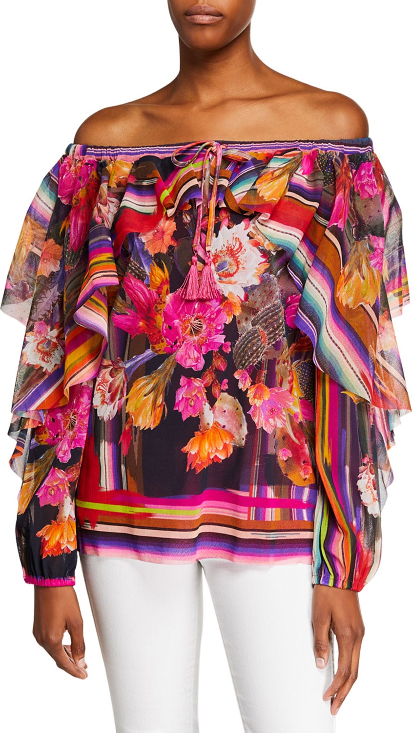 Fuzzi Cactus-Print Off-the-Shoulder Long-Sleeve Ruffle Top