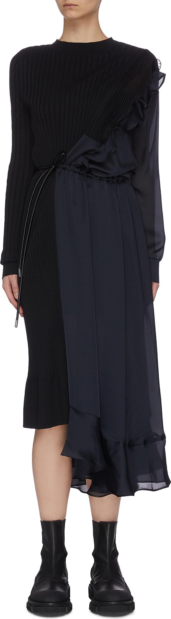 Sacai Tie waist asymmetric chiffon detail knit dress