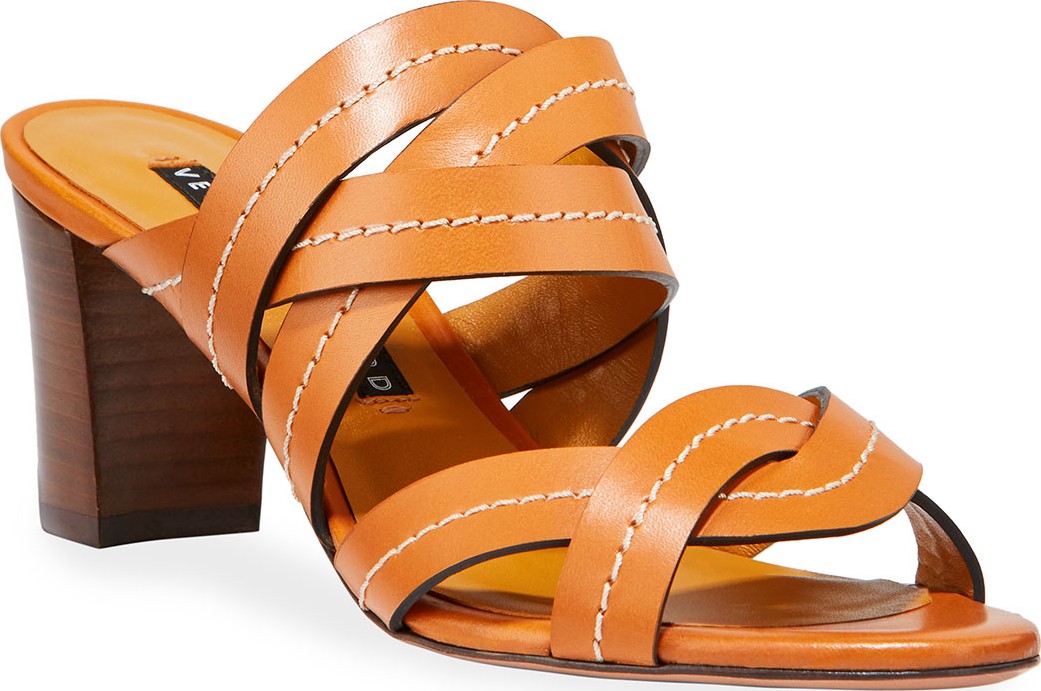 Veronica Beard Marah Topstitched Block-Heel Slide Sandals