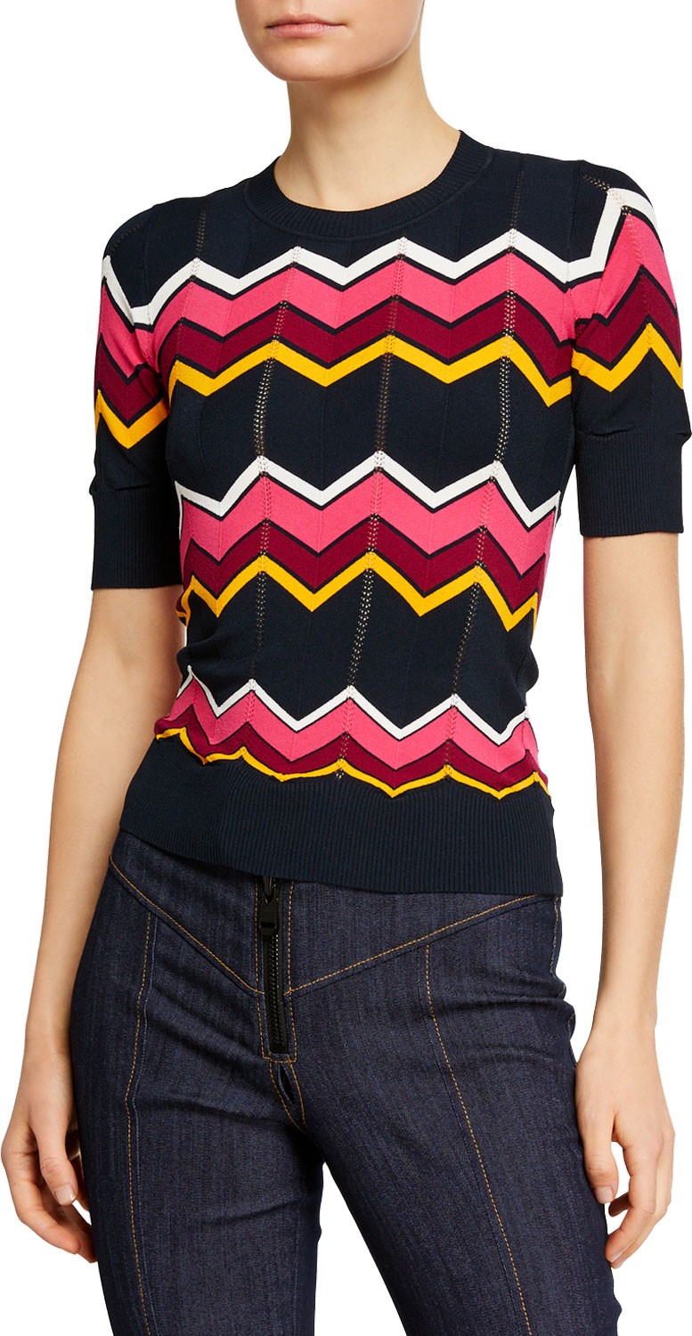 Cinq A Sept Zariah Fitted Chevron Short-Sleeve Sweater