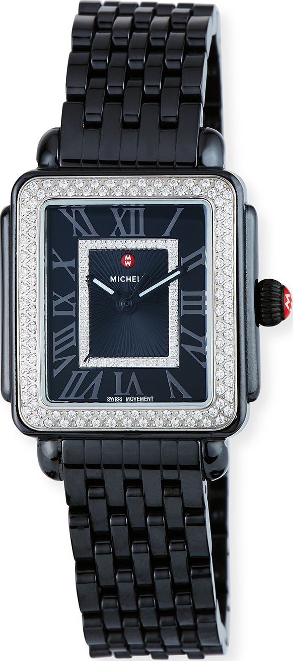 MICHELE Deco Madison 16 Diamond Rectangular Ceramic Bracelet Watch, Black