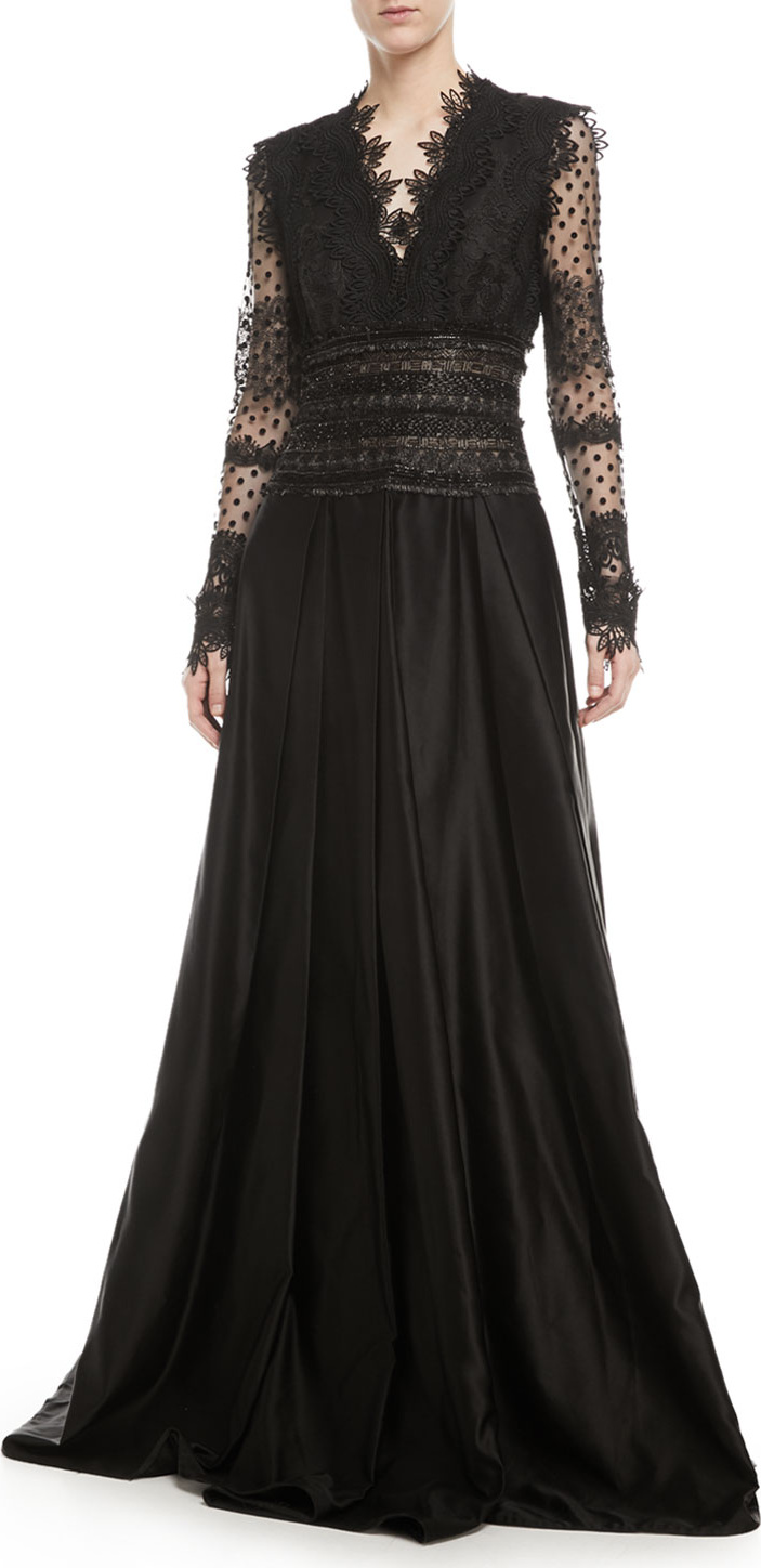 Naeem Khan Long-Sleeve V-Neck Lace Evening Gown w/ Open Back