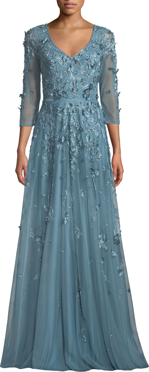 Theia Floral Tulle Applique V-Neck Gown