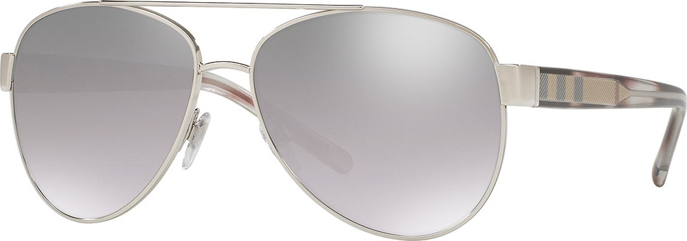 Burberry London England Acoustic Core Check-Temple Metal Aviator Sunglasses, Silvertone