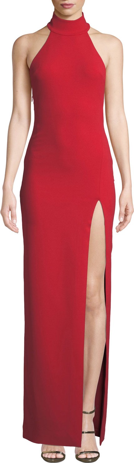 Solace London Zadid High-Neck Halter Front-Split Gown