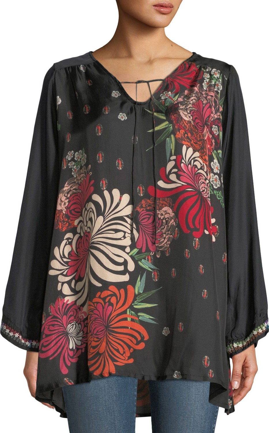 Johnny Was Jolie Floral-Print Easy Tie-Neck Blouse