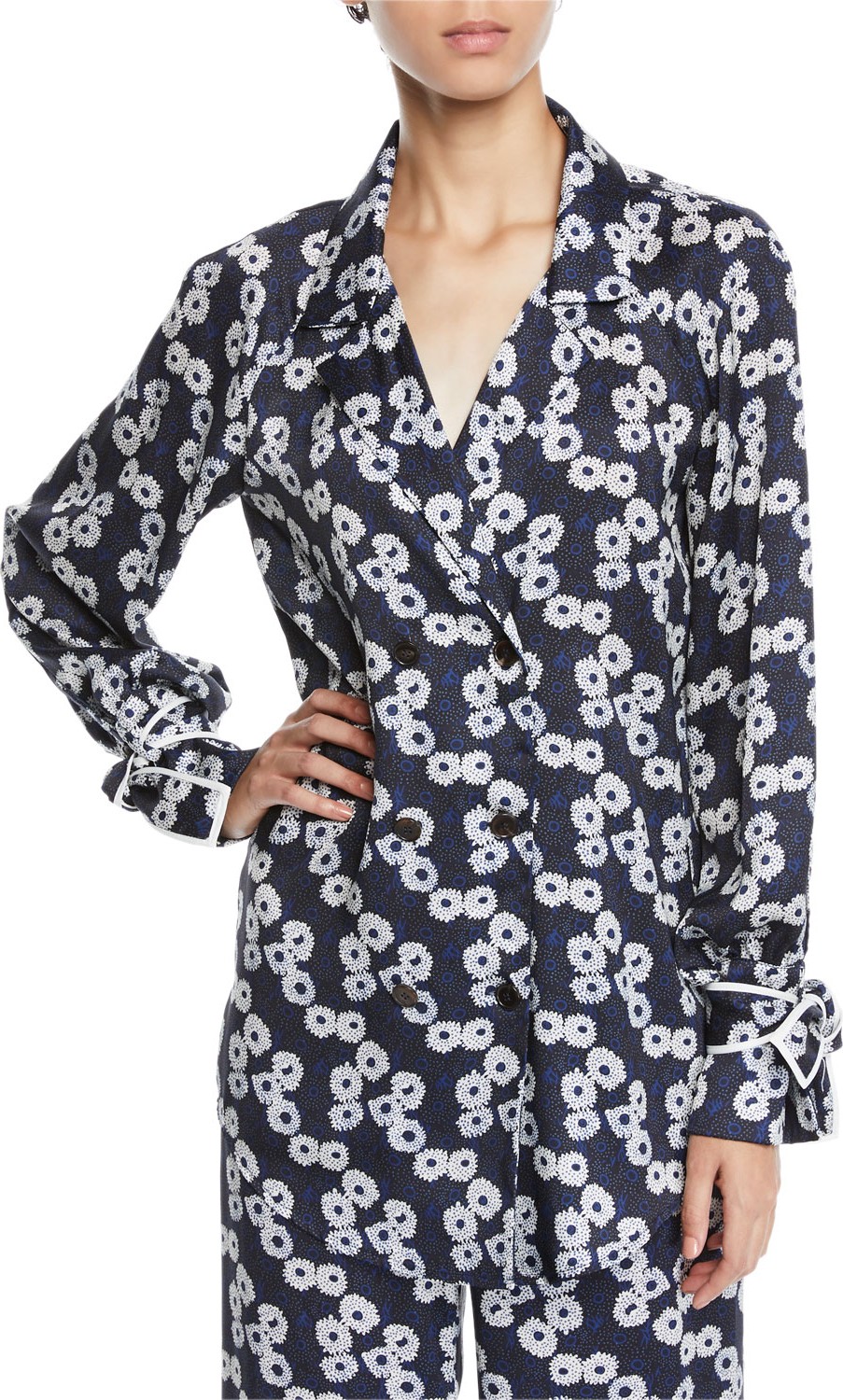 Lela Rose Double-Breasted Floral-Print Shirt w/ Tie Cuffs