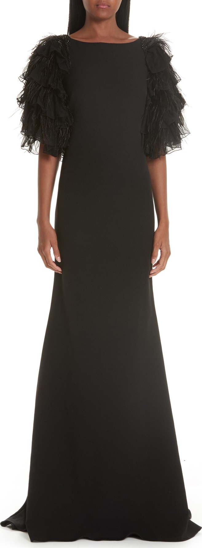 Badgley Mischka Tiered Feather Sleeve Gown