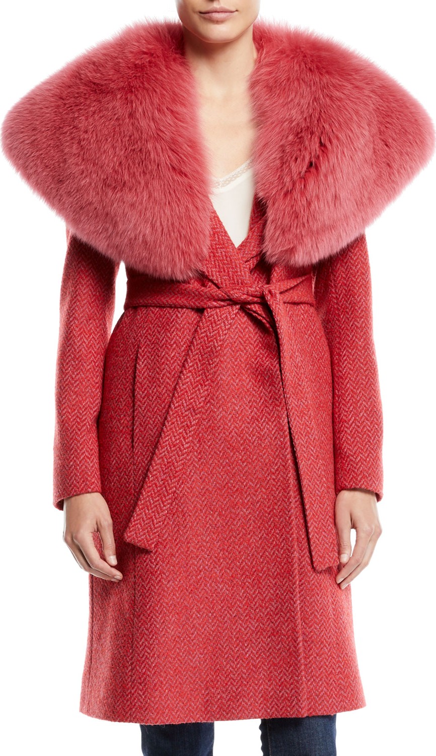Fleurette Wrap Coat w/ Wide Fur Collar