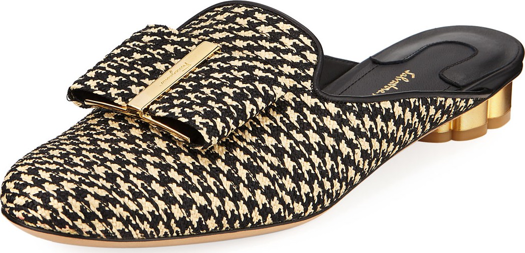 Salvatore Ferragamo Sciacca Raffia Vara Bow Flat Mules