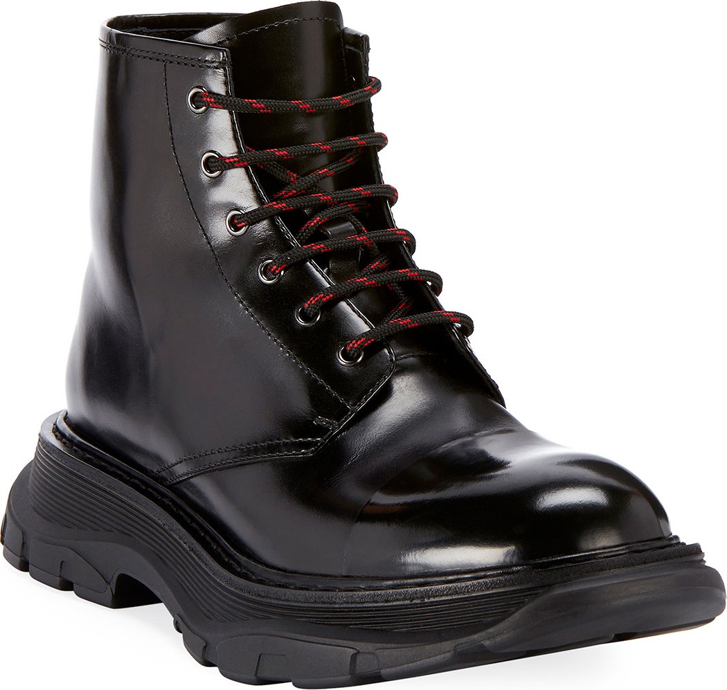 Alexander McQueen Men's Leather Lace-Up Combat Boots with Thick Rubber Sole