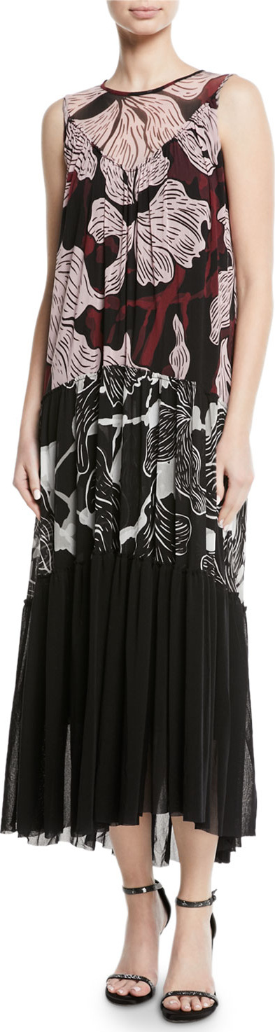 Fuzzi Patchwork Vino-Print Sleeveless Long Dress