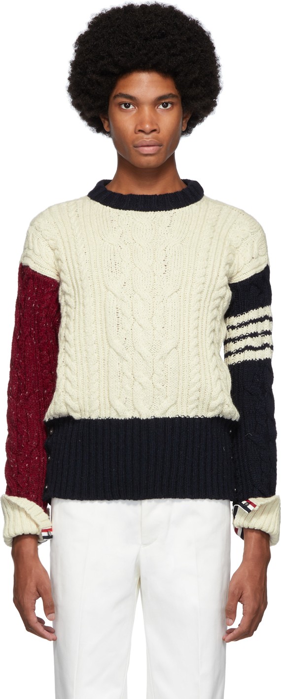 Thom Browne White Aran Cable Knit Crewneck Sweater