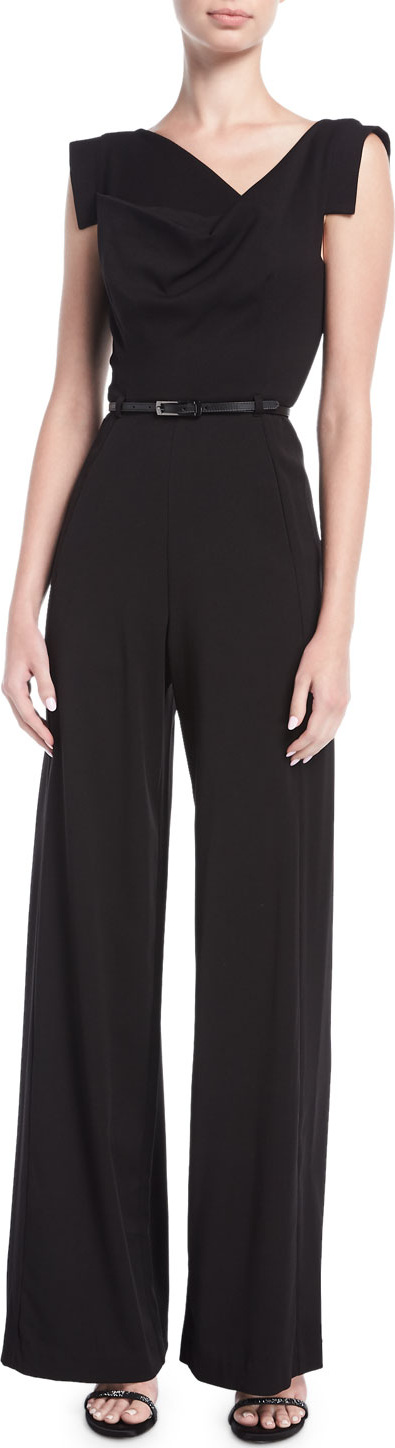 Black Halo Jackie Cap-Sleeve Belted Wide-Leg Jumpsuit