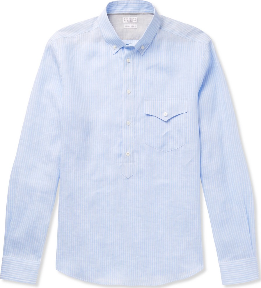 Brunello Cucinelli Button-Down Collar Striped Linen Half-Placket Shirt