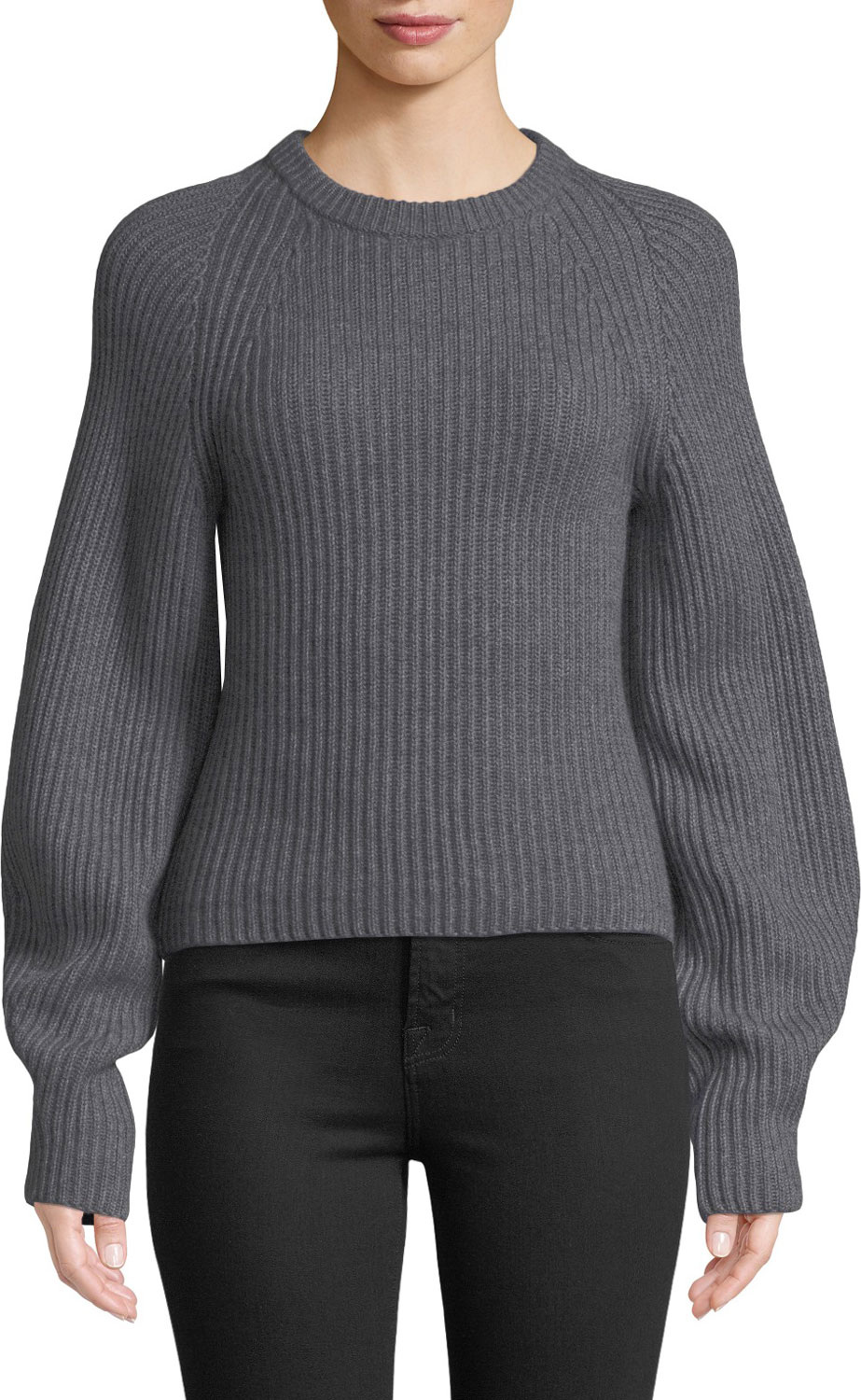 Theory Huron Sculpted-Sleeve Crewneck Merino Wool Sweater