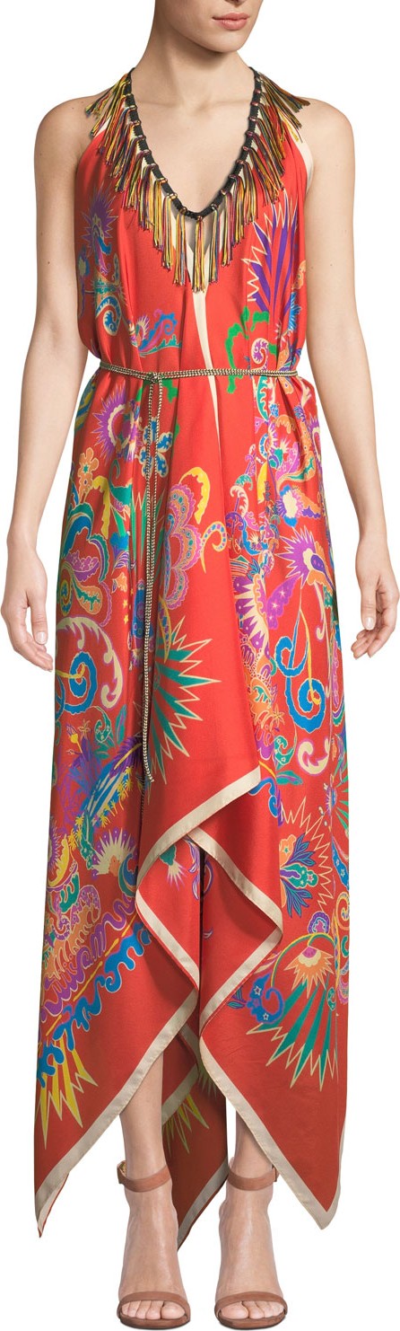 Etro Printed Handkerchief Coverup Dress with Fringe