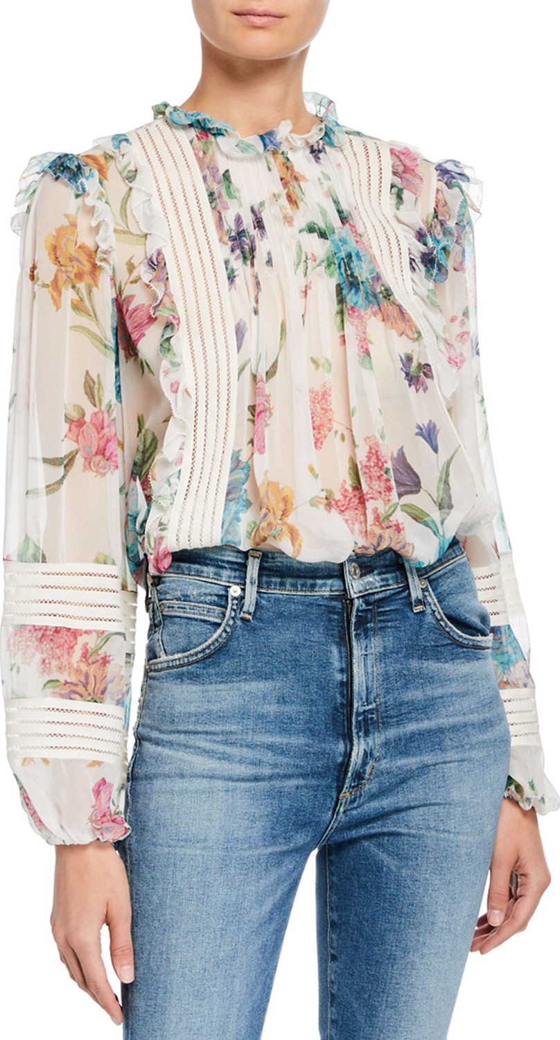 Zimmermann Ninety-Six Linear Ruffle Floral-Print Blouse