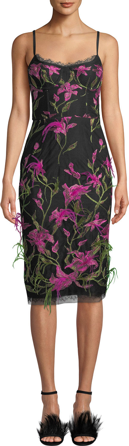 Marchesa Notte Embroidered Lily Corset & Feather Dress