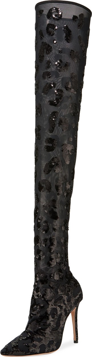 Gianvito Rossi Leopard Sequined Mesh Over-The-Knee Boots
