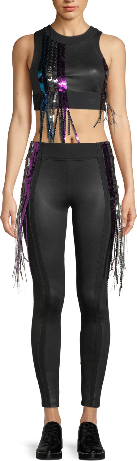 NO KA'OI Laha Sequin Crop Sports Bra with Fringe