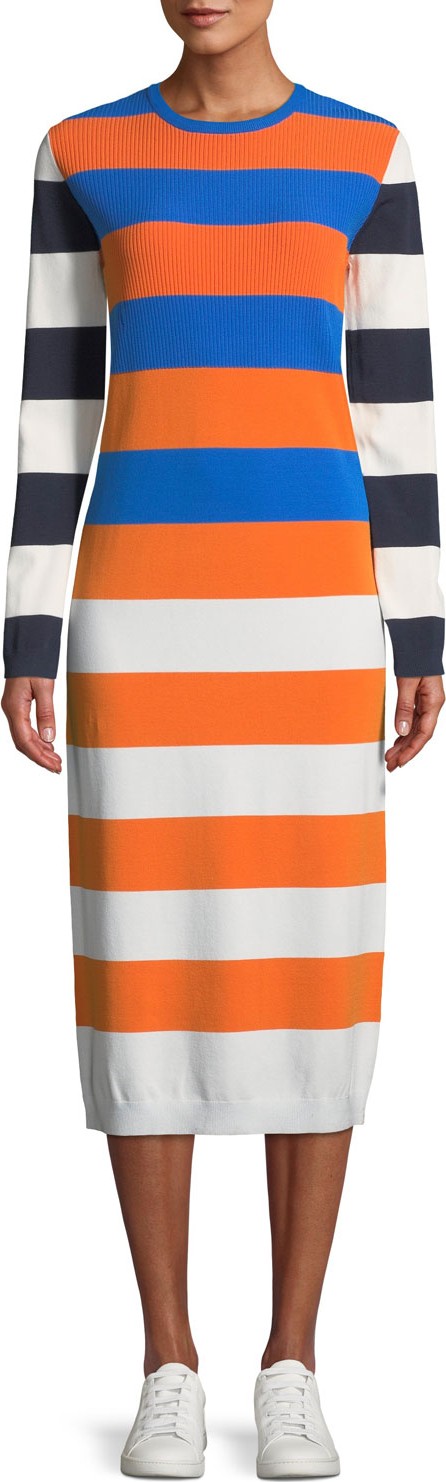 Tory Sport Broad-Stripe Tech Knit Long-Sleeve Midi Dress