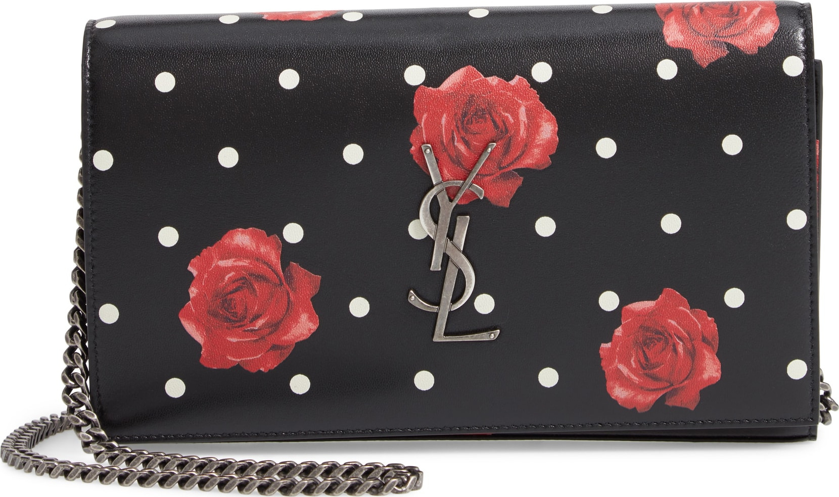 Saint Laurent Rose & Polka Dot Leather Wallet on a Chain