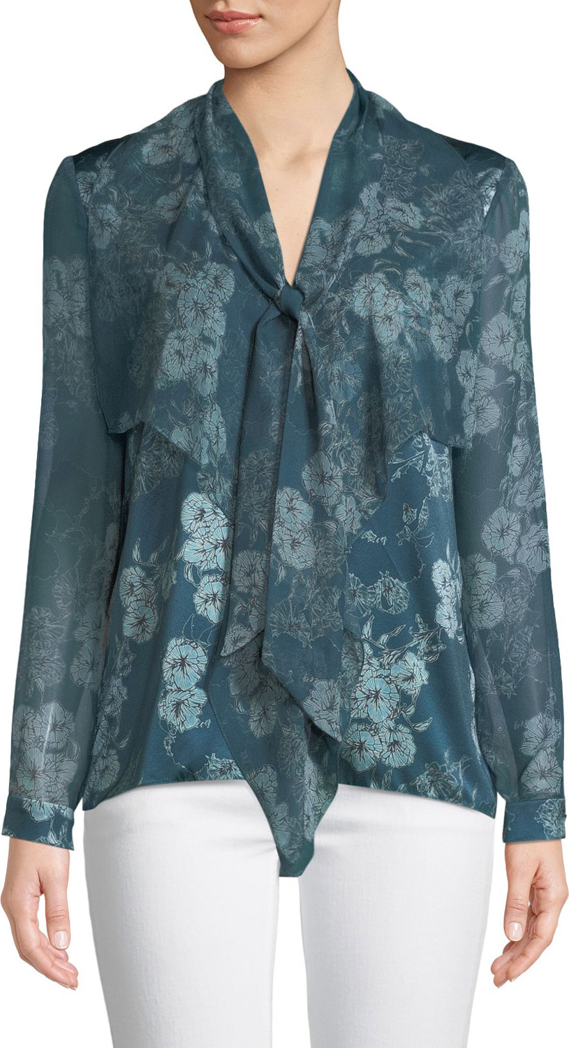 Elie Tahari Jurnee Tie-Neck Long-Sleeve Floral-Print Silk Blouse