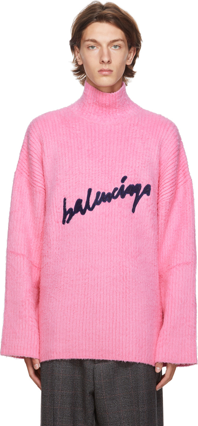 Balenciaga - Pink Oversized Signature Logo Turtleneck