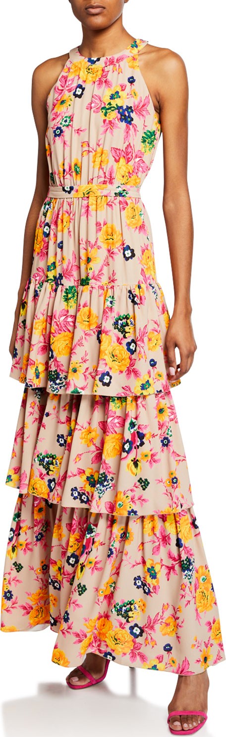 MSGM Floral-Print Halter Ruffle Maxi Dress