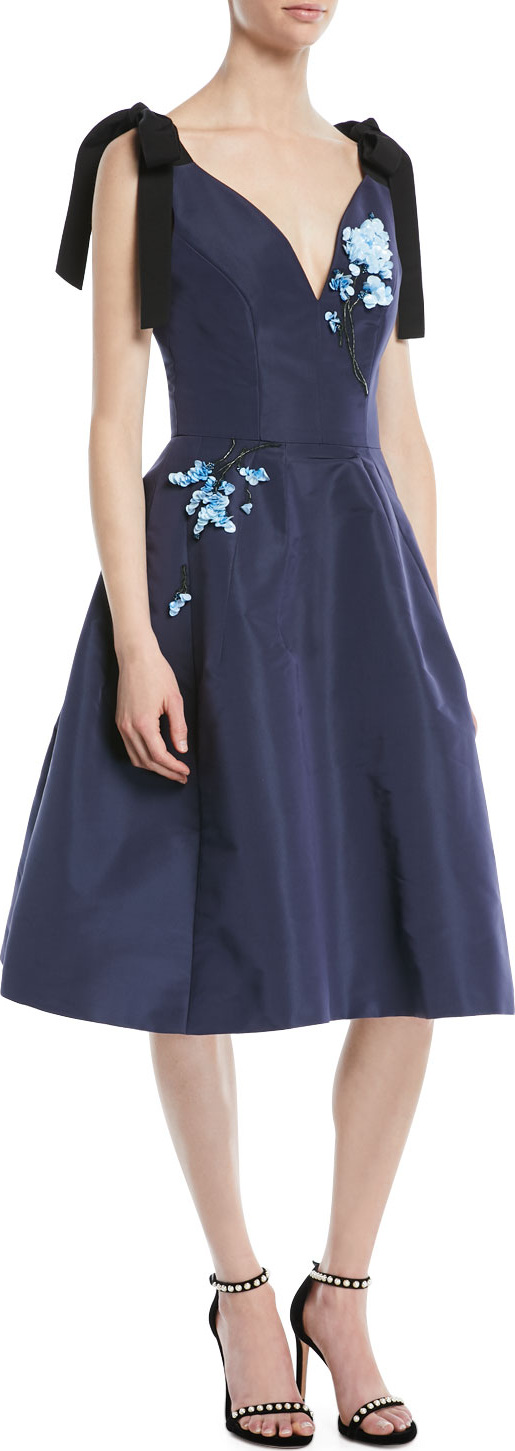 Carolina Herrera Sleeveless Bow-Shoulder Fit-and-Flare Cocktail Dress with Paillette Embroidery