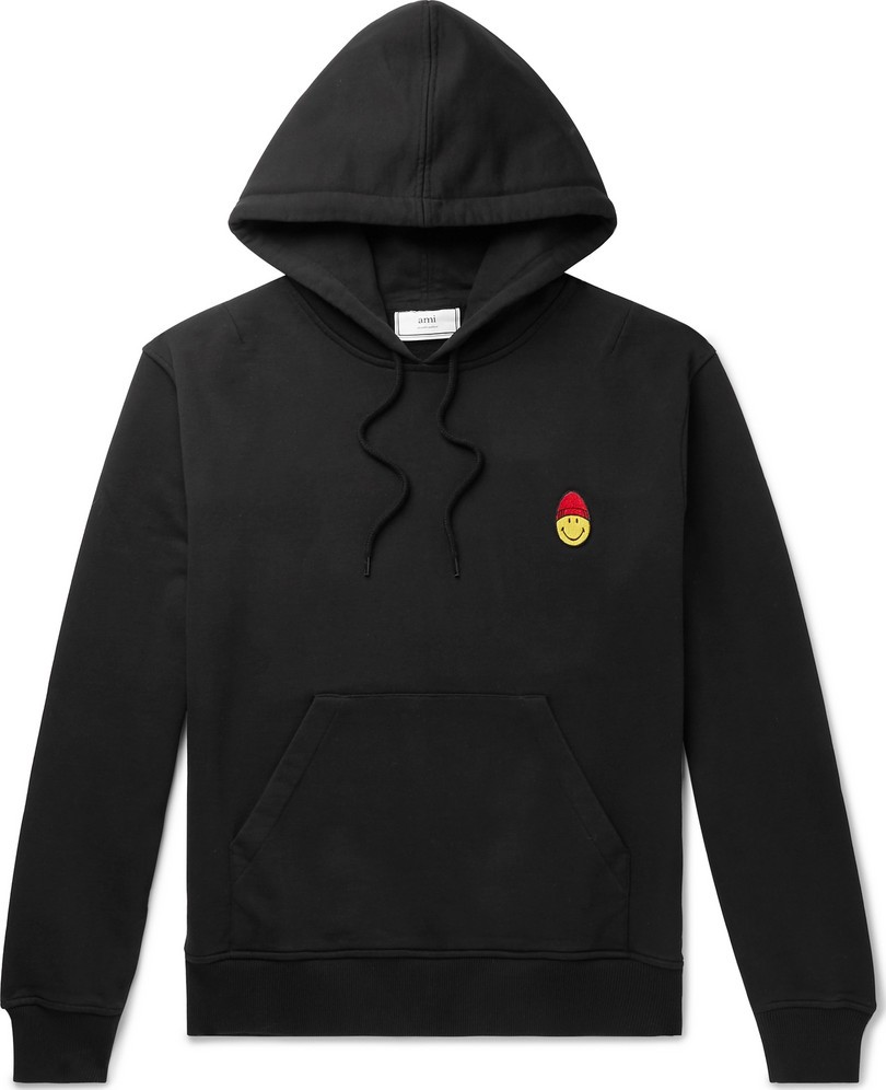 AMI + The Smiley Company Slim-Fit Embroidered Loopback Cotton-Jersey Hoodie