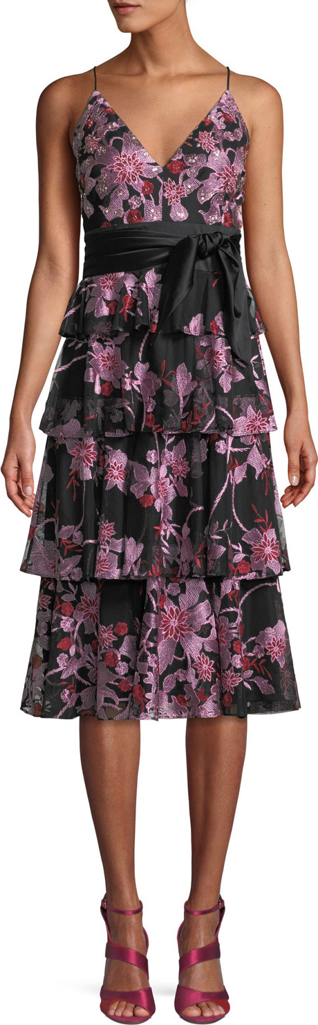 Aidan Mattox Fit-&-Flare Embroidered Lace Tiered Cocktail Dress