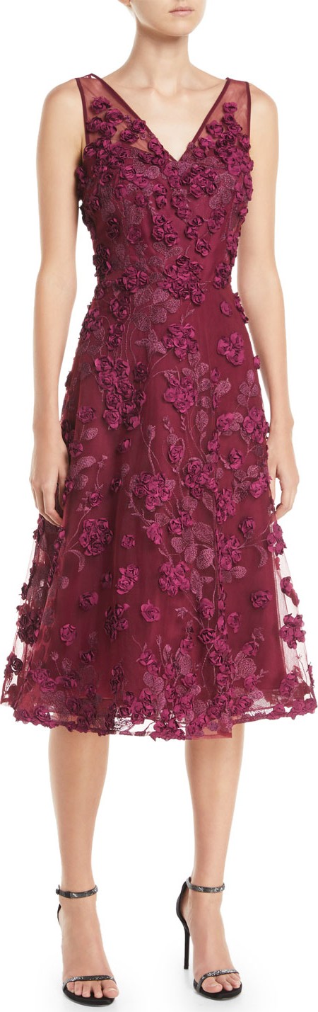 Rickie Freeman for Teri Jon Tulle Tea-Length Dress w/ Floral Appliques