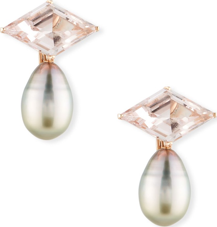 Assael 18k Rose Gold Morganite Rhombus & Pearl Clip-On Drop Earrings